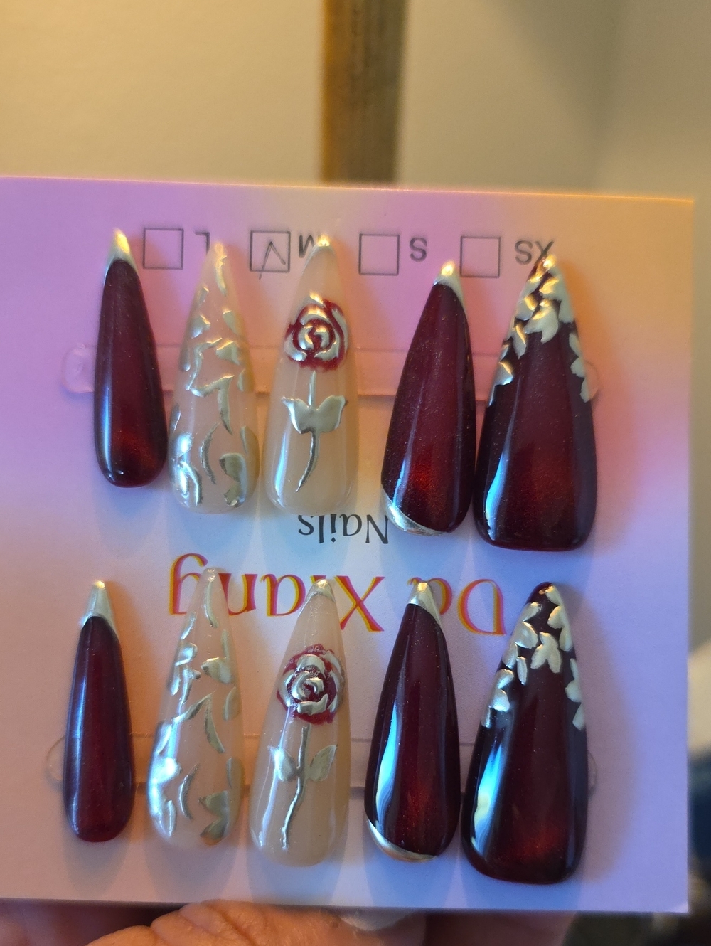 Burgundy & Nude Stiletto Press-On Nail Set with Silver Floral Accents Size Med